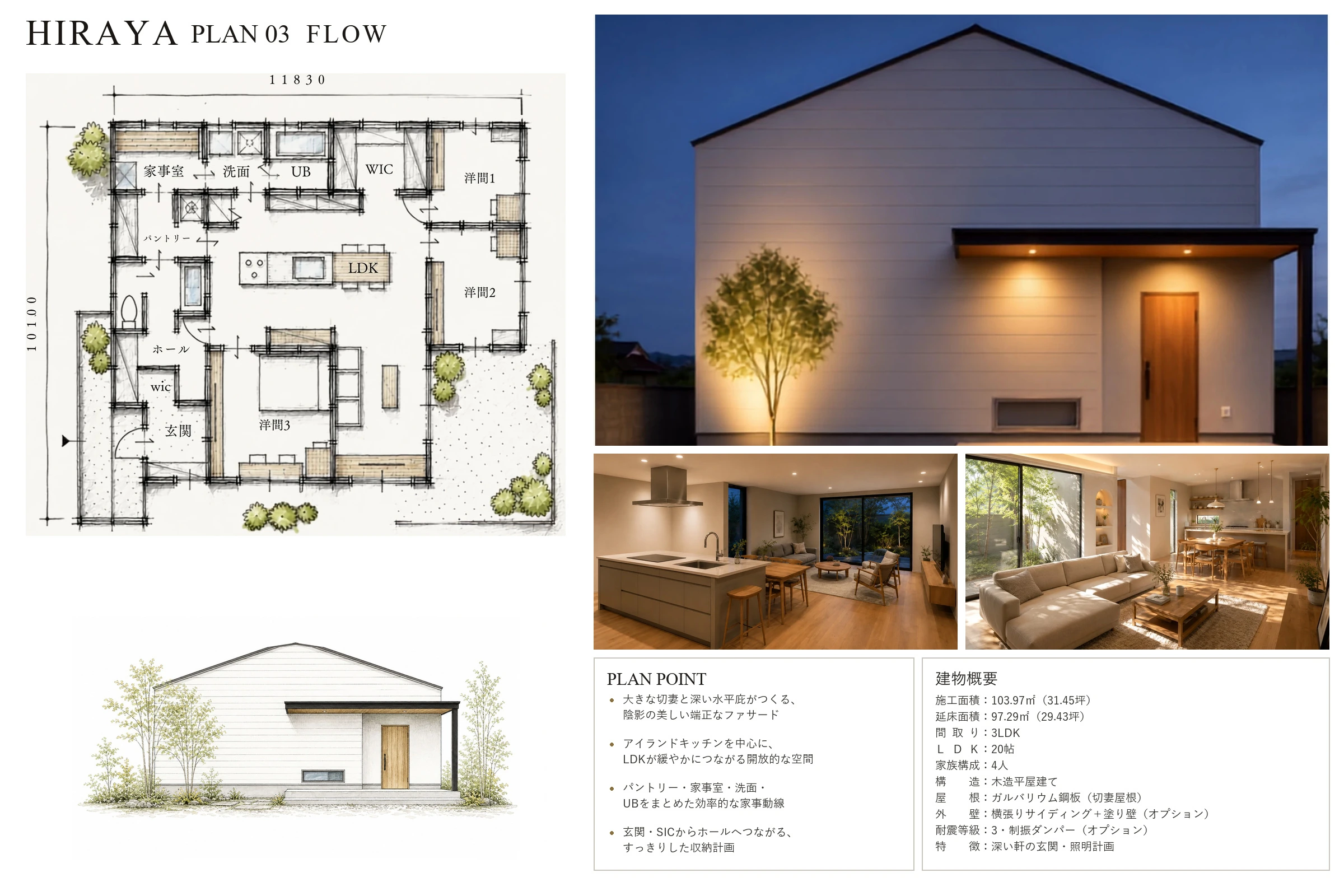 FLOW PLAN ── 平屋の間取り図・立面図・外観(プランシート・延床29.43坪/施工31.45坪/LDK20帖/3LDK)|秀光ビルド徳島店