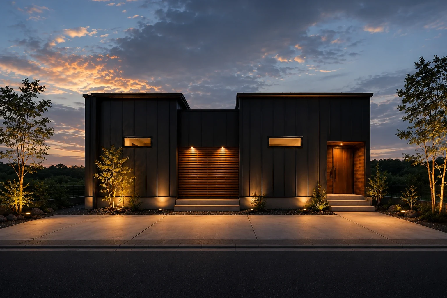 平屋の外観 ── 夕暮れの黒い外壁|秀光ビルド徳島店